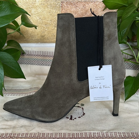 NEW Antonio De Faria Women’s Donna Pointed Heel Leather Suede Olive Boots Size 9 - Picture 5 of 14